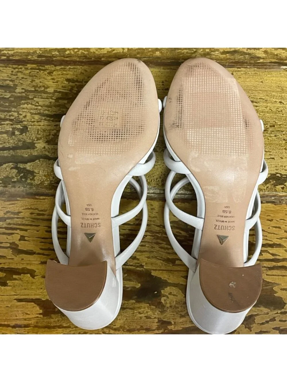 Schutz Felisa Leather Strappy Block Heel Sandals White Sz 8.5 Open Toe